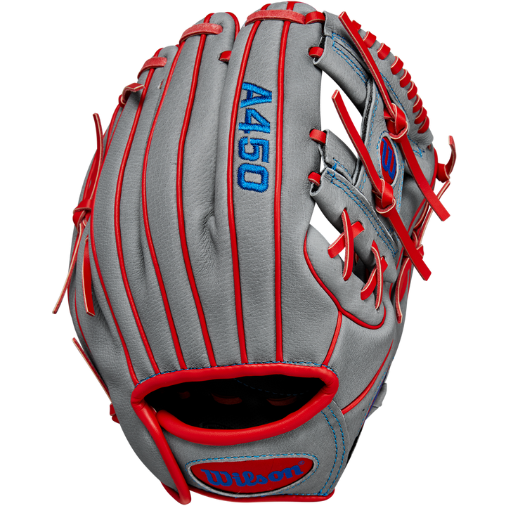 The Wilson A450 10.75" Baseball Glove (WBW1014711075) is a youth infield glove in gray with red lacing, blue stitching, and “A450” embroidered in blue on the back. Made from top grain leather, it’s shown upright with the palm facing away.