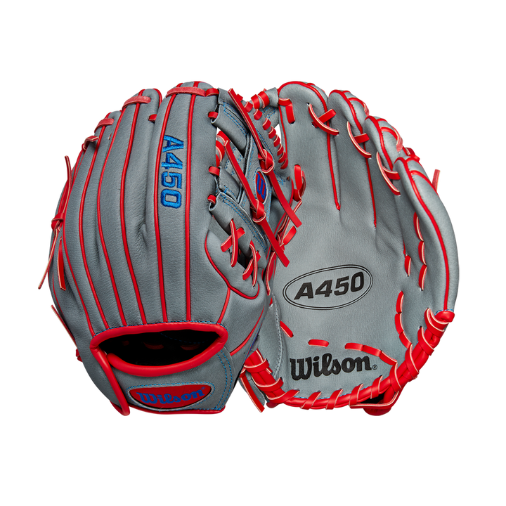The Wilson A450 10.75" Baseball Glove (WBW1014711075) by Wilson is shown front and back on a white background, highlighting its gray color, red lacing, blue accents, and a quick-fit wrist design for youth infielders.