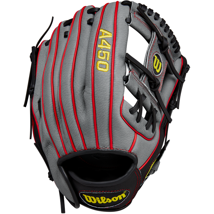 The Wilson A450 11.5" Baseball Glove (WBW101474115) features a gray design with red piping, black lacing, yellow branding, and top-grain leather—perfect as a youth infield glove.