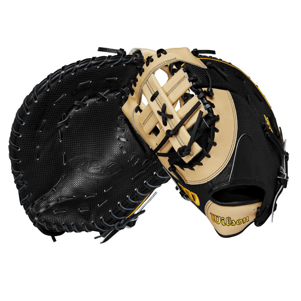 A close-up of the Wilson A2K JAB79 12.5" Jose Abreu GM First Base Mitt, made with Pro Stock Select leather for durability and featuring Spin Control Technology.