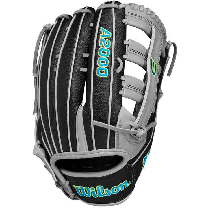 The Wilson A2000 SP13SS 13" SuperSkin Slowpitch Glove (WBW10164613) features a black and gray design with teal and yellow accents, Pro Stock leather construction, and Wilson A2000 branding.