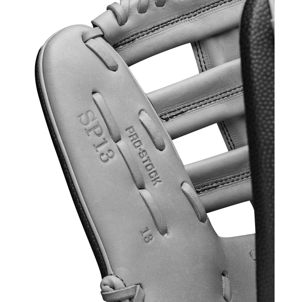 Close-up of the Wilson A2000 SP13SS 13" SuperSkin Slowpitch Glove (WBW10164613) by Wilson, highlighting the "SP 13," "PRO STOCK," and "13" embossing on the palm, with detailed stitching and lacing visible.