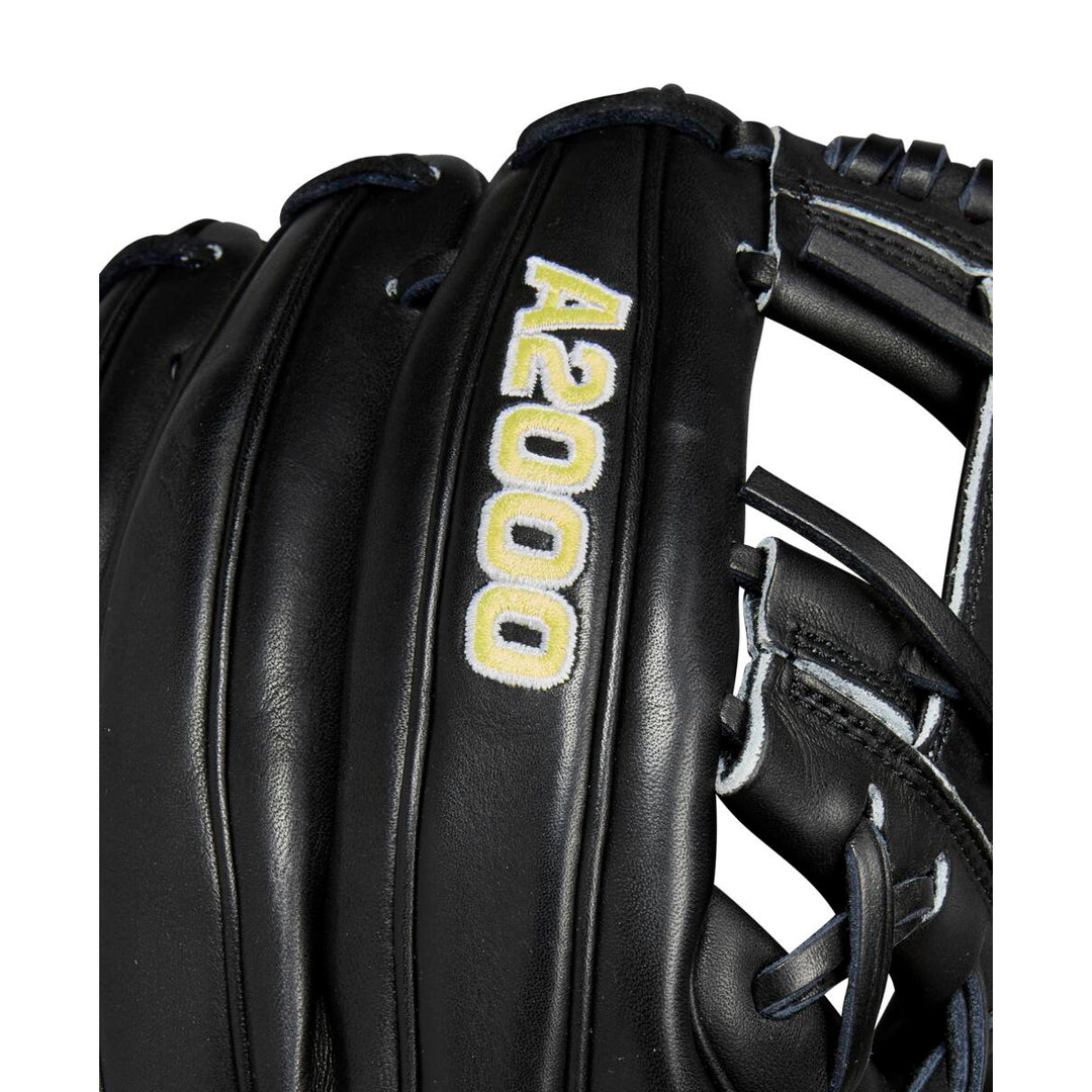 Close-up of the Wilson A2000 1975 11.75" Baseball Glove (WBW1020741175) featuring premium Pro Stock leather, yellow and white A2000 stitching, and quality white lacing—all showcasing Wilson craftsmanship.