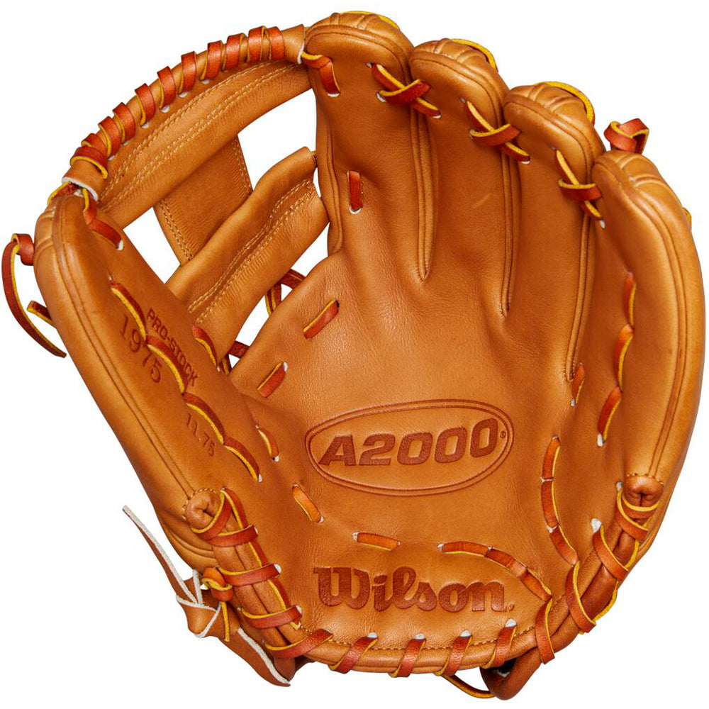 The Wilson A2000 1975 11.75" Glove Day Series Baseball Glove (WBW1020761175) features tan leather, orange laces, and a prominently displayed Wilson logo—crafted from premium Pro Stock leather for lasting performance.