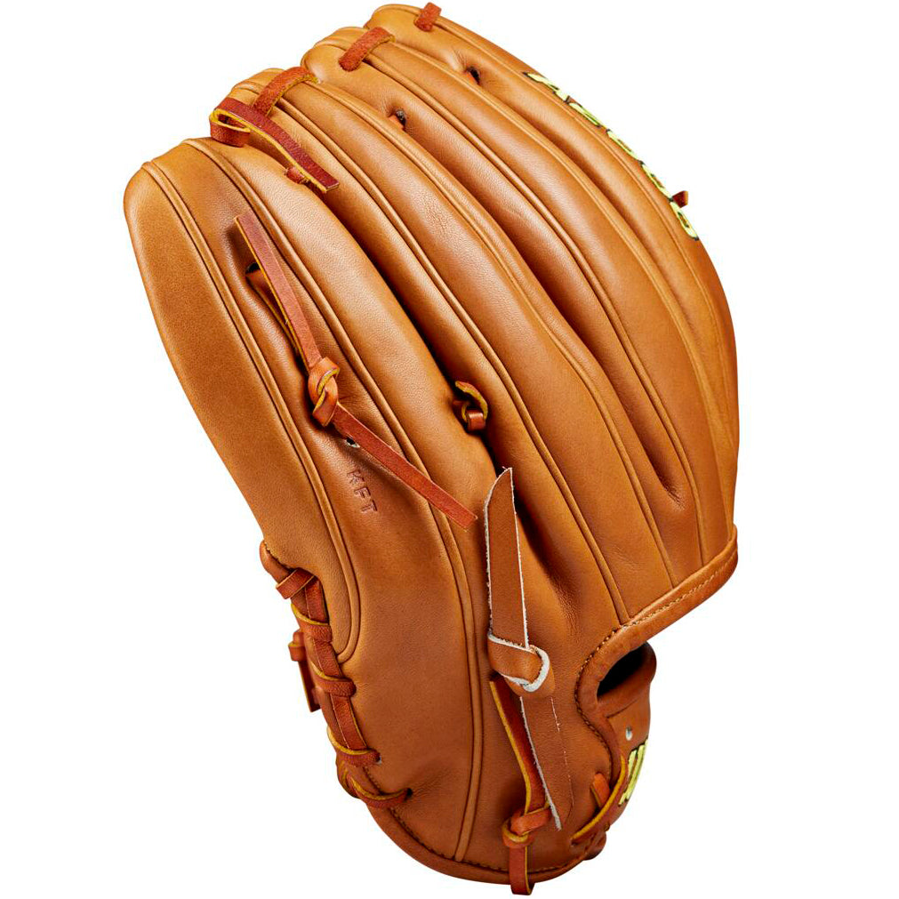 The Wilson A2000 1975 11.75" Glove Day Series Baseball Glove (WBW1020761175) features a tan Pro Stock leather design with visible stitching and laces, shown from the side with fingers facing upward.