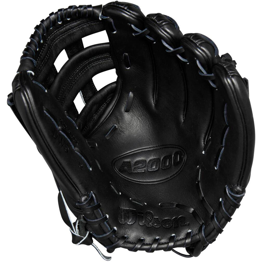 The Wilson A2000 DW5 12" Baseball Glove (WBW10207712) features black Pro Stock leather, visible stitching, embossed palm branding, and a Dual Post Web design, shown with the inside of the open glove.