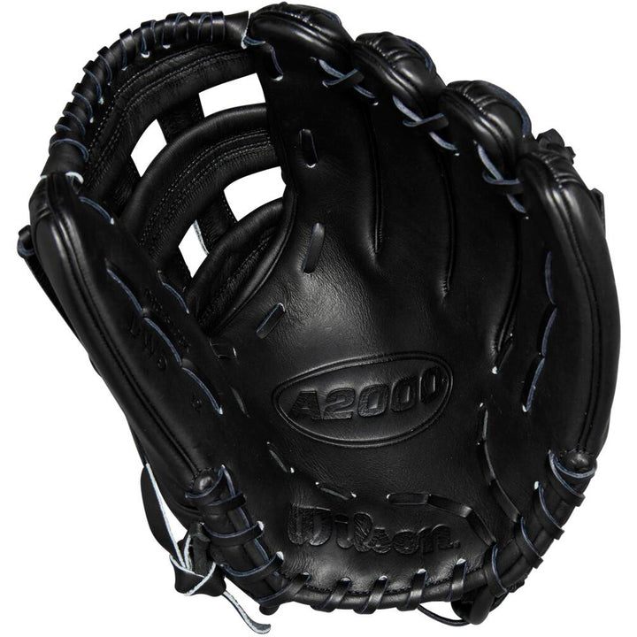 The Wilson A2000 DW5 12" Baseball Glove (WBW10207712) features black Pro Stock leather, visible stitching, embossed palm branding, and a Dual Post Web design, shown with the inside of the open glove.
