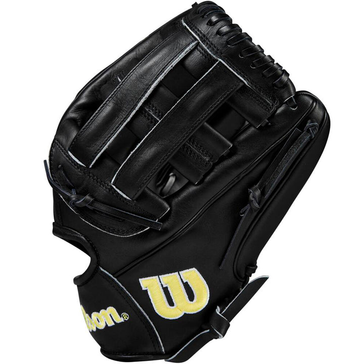 The Wilson A2000 DW5 12" Baseball Glove (WBW10207712) features black Pro Stock leather, black laces, a durable Dual Post Web design, and a yellow and white Wilson "W" logo embroidered near the thumb.