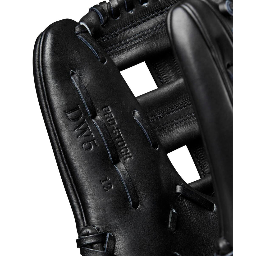 A close-up of the Wilson A2000 DW5 12" Baseball Glove (WBW10207712), crafted by Wilson with Pro Stock leather and featuring a signature Dual Post Web.