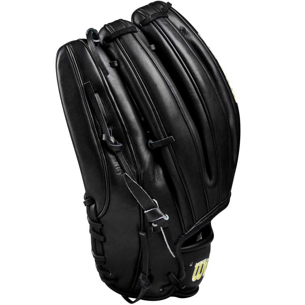 A Wilson A2000 B2 12" Baseball Glove (WBW10208012) stands upright, featuring black Pro Stock leather with visible stitching and laces that showcase its smooth, polished surface.