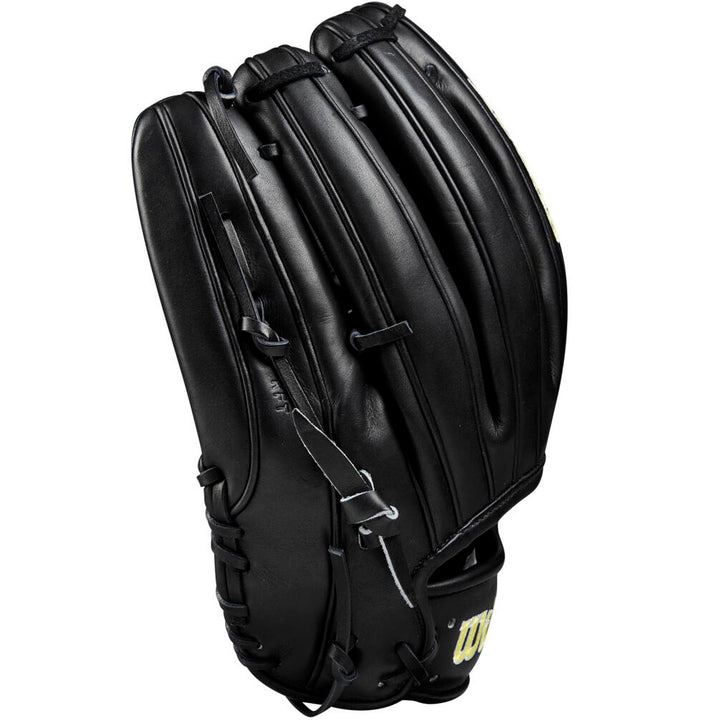 A Wilson A2000 B2 12" Baseball Glove (WBW10208012) stands upright, featuring black Pro Stock leather with visible stitching and laces that showcase its smooth, polished surface.