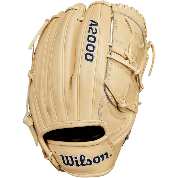 The Wilson A2000 B2 12" Baseball Glove (WBW10208112) is a tan pitcher’s glove made from Pro Stock leather with black stitching, Wilson branding on the wrist, and A2000 on the back.