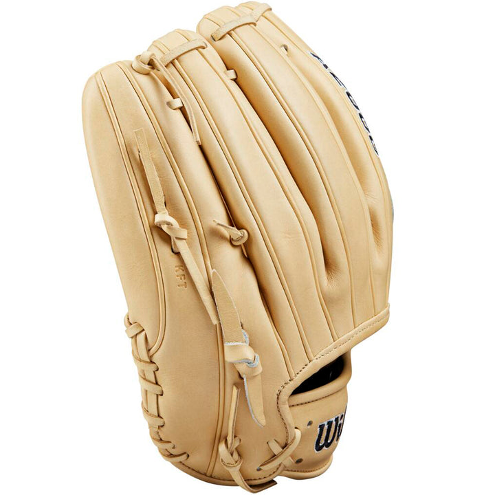 The Wilson A2000 B2 12" Baseball Glove (WBW10208112) by Wilson, crafted from Pro Stock leather, features visible stitching and laces. Shown from the back, its premium pitcher's glove fingers and webbing are clearly displayed.