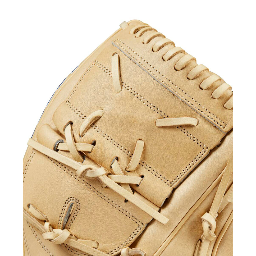 Close-up of the Wilson A2000 B2 12" Baseball Glove (WBW10208112) in tan Pro Stock leather, featuring detailed stitching, lacing, and a rectangular patch—classic pitcher’s glove elements from Wilson.