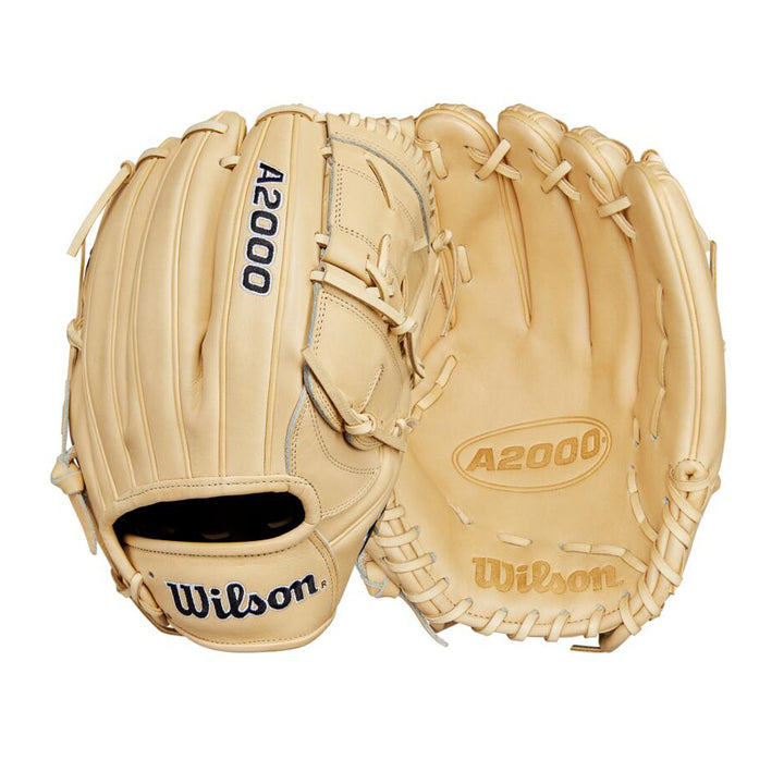 Two tan Wilson A2000 B2 12" baseball gloves (WBW10208112) are shown—one with the Pro Stock leather pocket and webbing visible, the other displaying the back with the Wilson logo and wrist opening. Perfect for pitchers.