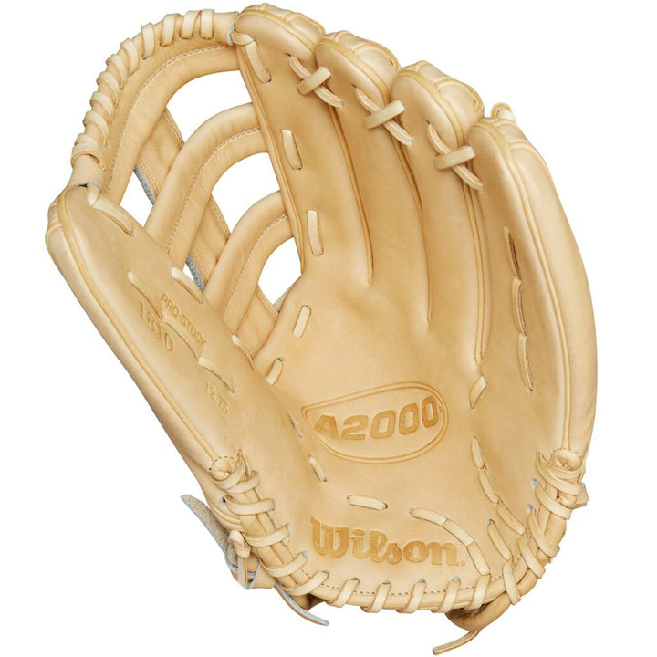 The Wilson A2000 1810 12.75" Baseball Glove (WBW1020881275) features tan Pro Stock® leather, visible laces, an open pocket, and embossed Wilson branding—ideal for outfielders seeking premium quality and performance.
