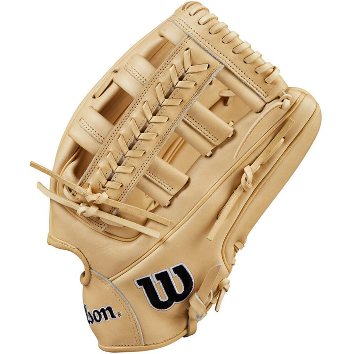The Wilson A2000 1810 12.75" Baseball Glove (WBW1020881275) features a tan Pro Stock® leather build, basket webbing, black and white embroidery, and visible leather lacing.