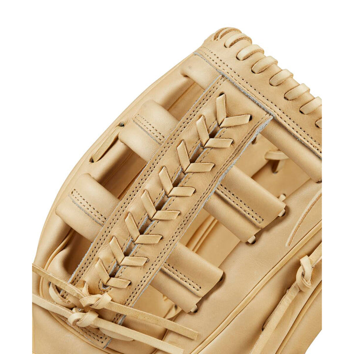 Close-up of the Wilson A2000 1810 12.75" Baseball Glove (WBW1020881275), made with tan Pro Stock® leather, highlighting intricate stitching and lacing on the webbing and edges against a white background.