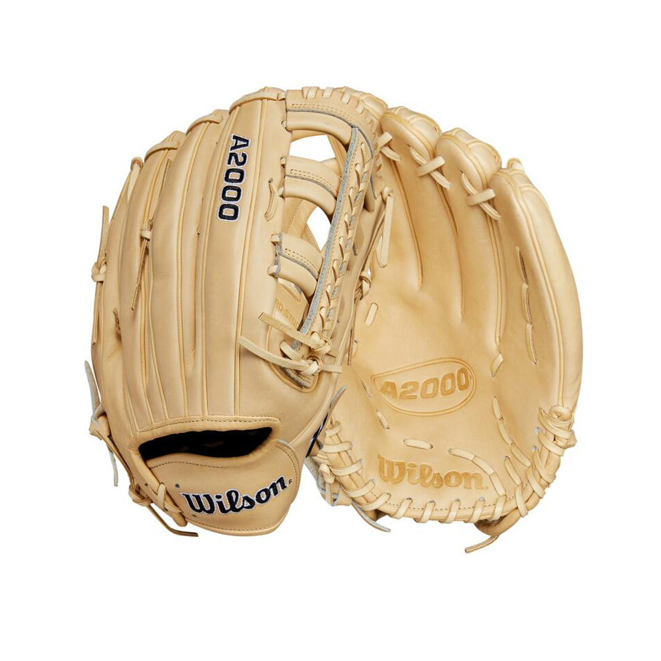 Two tan Wilson A2000 1810 12.75" baseball gloves (model WBW1020881275) from Wilson, one showing the web, the other showing the inside with the Wilson logo and A2000 label, both displayed on a white background.