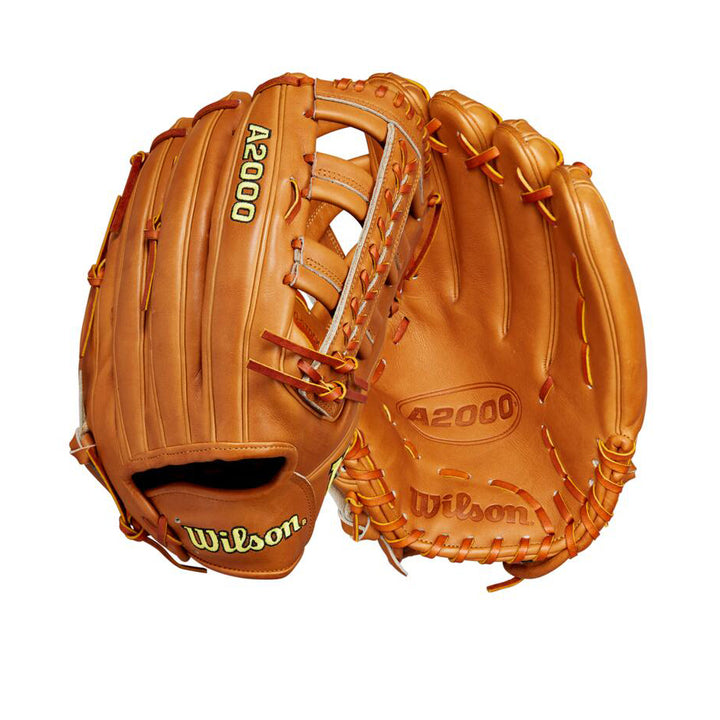 A pair of Wilson A2000 1810 12.75" baseball gloves (WBW1020901275) in tan are shown, one palm side up and the other showing the back, highlighting laces, Wilson branding, and premium Pro Stock leather.