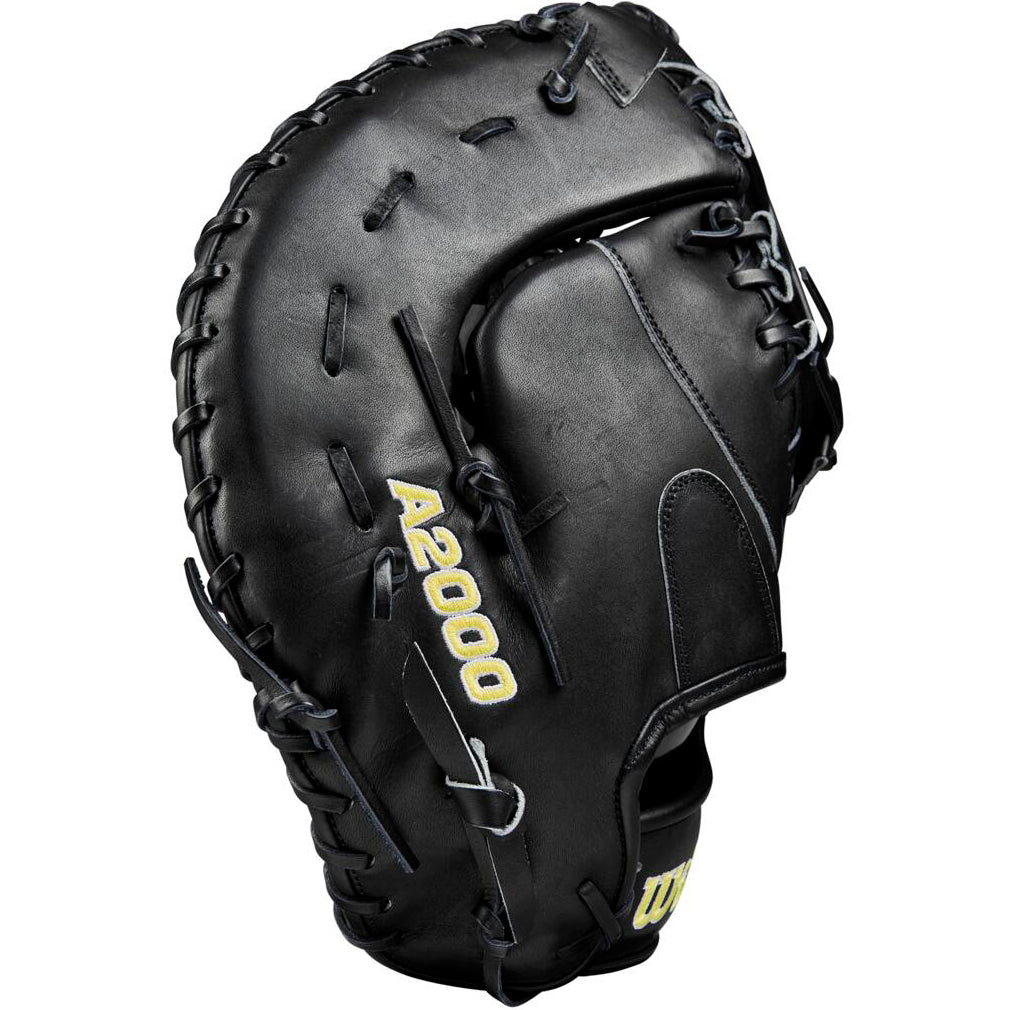 The Wilson A2000 1679 12.5" Baseball First Base Mitt (WBW102095125) is a black Pro Stock leather glove with yellow "A2000 1679" stitching on the front, black laces, and detailed stitching.