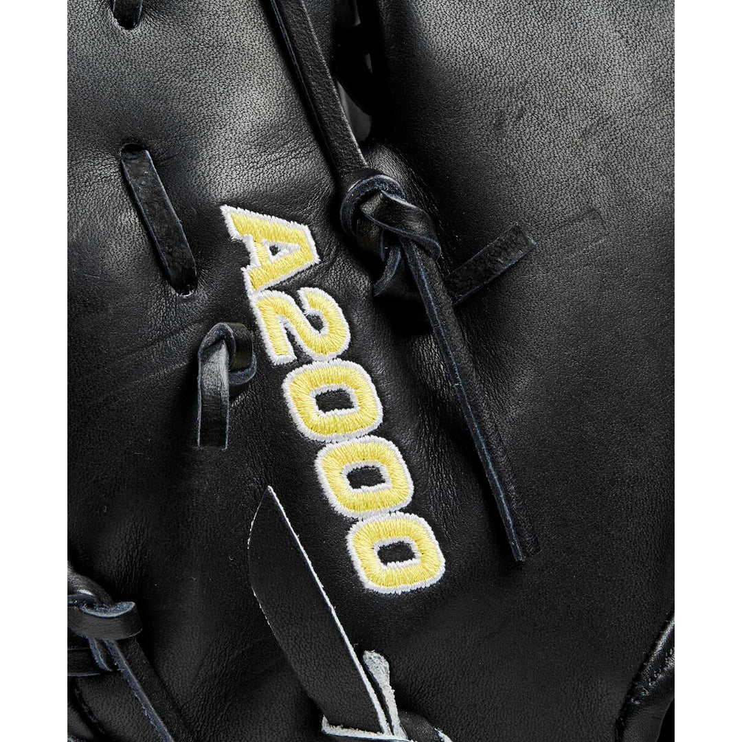 A close-up of the Wilson A2000 1679 12.5" First Base Mitt showcases its Pro Stock leather, emphasizing the quality and craftsmanship of this Wilson classic (model WBW102095125).