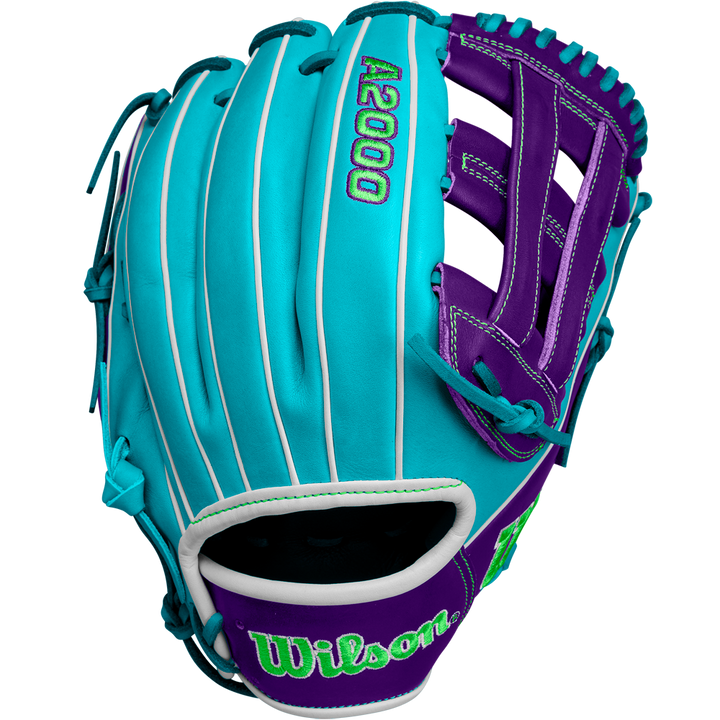 The Wilson A2000 DW5 12" Baseball Glove (Winter 2024: WBW10252212) features turquoise and purple Pro Stock leather, white accents, and bright green embroidery, shown from a side angle on a plain background.