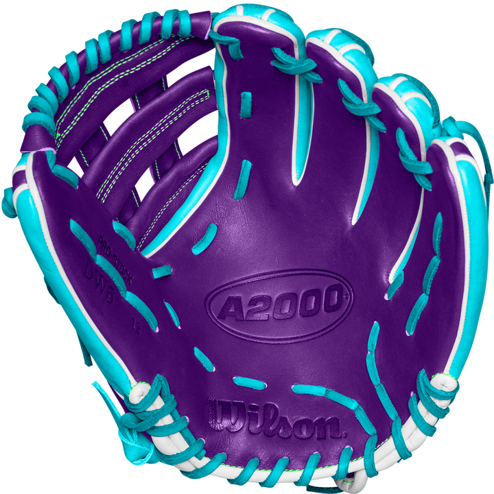 The Wilson A2000 DW5 12" Baseball Glove (Winter 2024: WBW10252212) features Pro Stock leather in a purple and blue design, perfect for infield play.