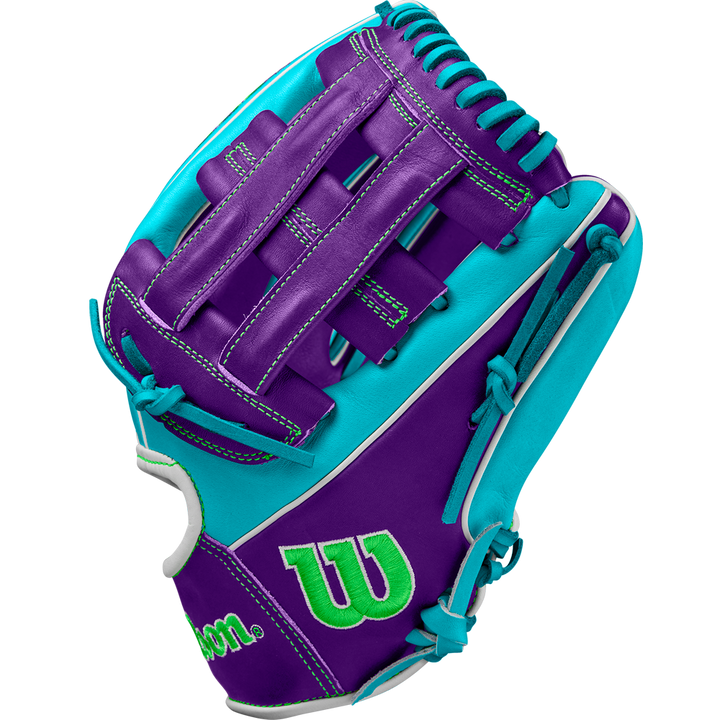 The Wilson A2000 DW5 12" Baseball Glove (WBW10252212) features blue and purple stitching and is crafted from durable Pro Stock leather, offering exceptional performance and style for infielders.