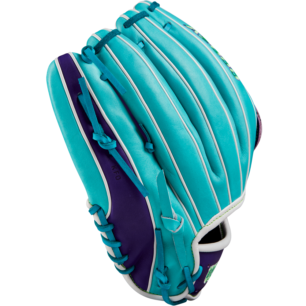 The Wilson A2000 DW5 12" Baseball Glove (Winter 2024: WBW10252212) features a turquoise and purple design with white stitching and laces, shown from an angle revealing the back side and thumb area.