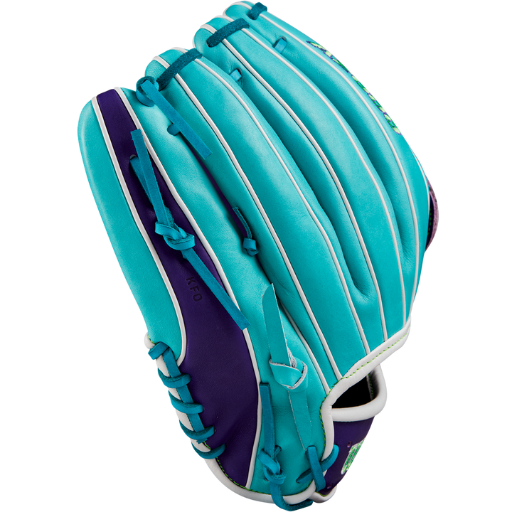 The Wilson A2000 DW5 12" Baseball Glove (Winter 2024: WBW10252212) features a turquoise and purple design with white stitching and laces, shown from an angle revealing the back side and thumb area.