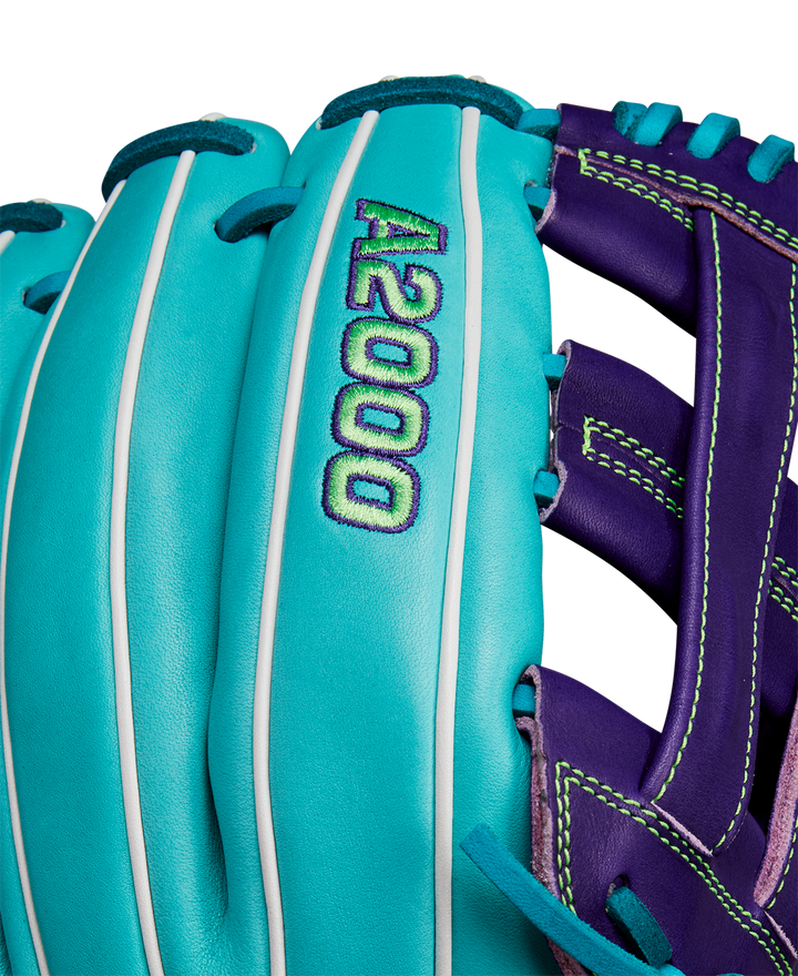 A close-up of the Wilson A2000 DW5 12" Baseball Glove (Winter 2024: WBW10252212), expertly crafted from premium Pro Stock leather.