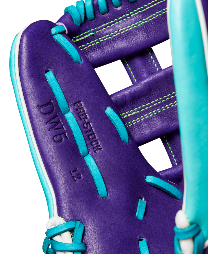 A close-up of the Wilson A2000 DW5 12" Baseball Glove (WBW10252212), crafted from premium Pro Stock leather for Winter 2024.