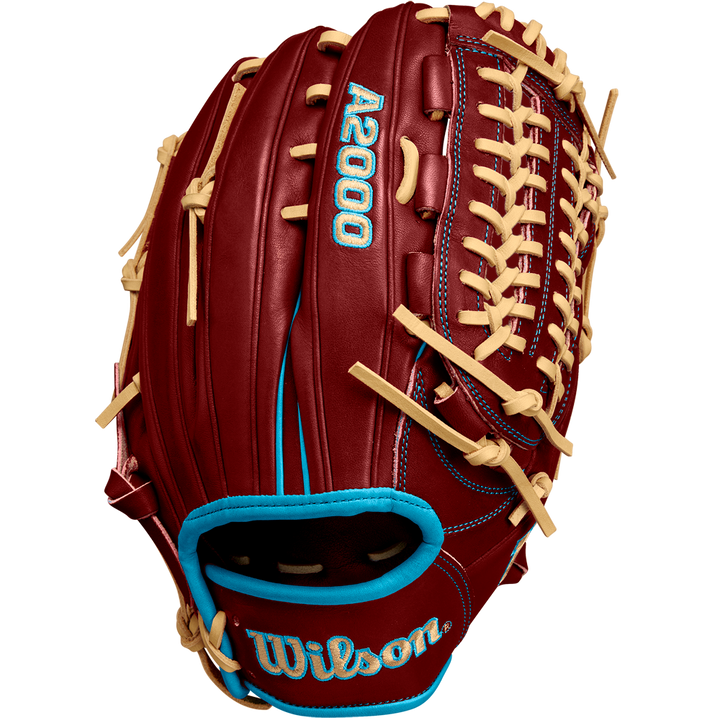 The Wilson A2000 D33 11.75" Baseball Glove (Winter 2024) features maroon Pro Stock leather, tan laces, blue accents, stitched branding, and wrist piping. Displayed on a white background. Model: WBW1025251175.