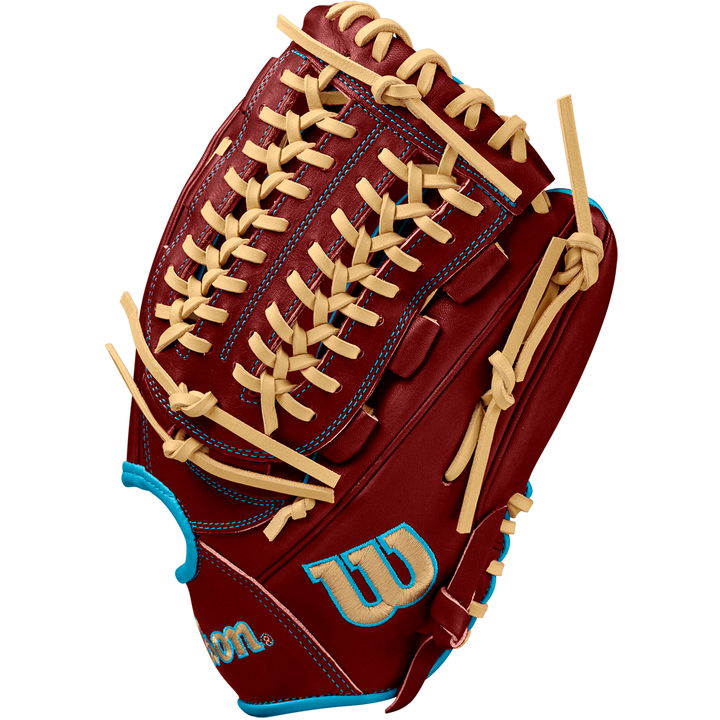 A close-up of the Wilson A2000 D33 11.75" Baseball Glove, crafted from premium Pro Stock leather, showcases its detailed design for Winter 2024.