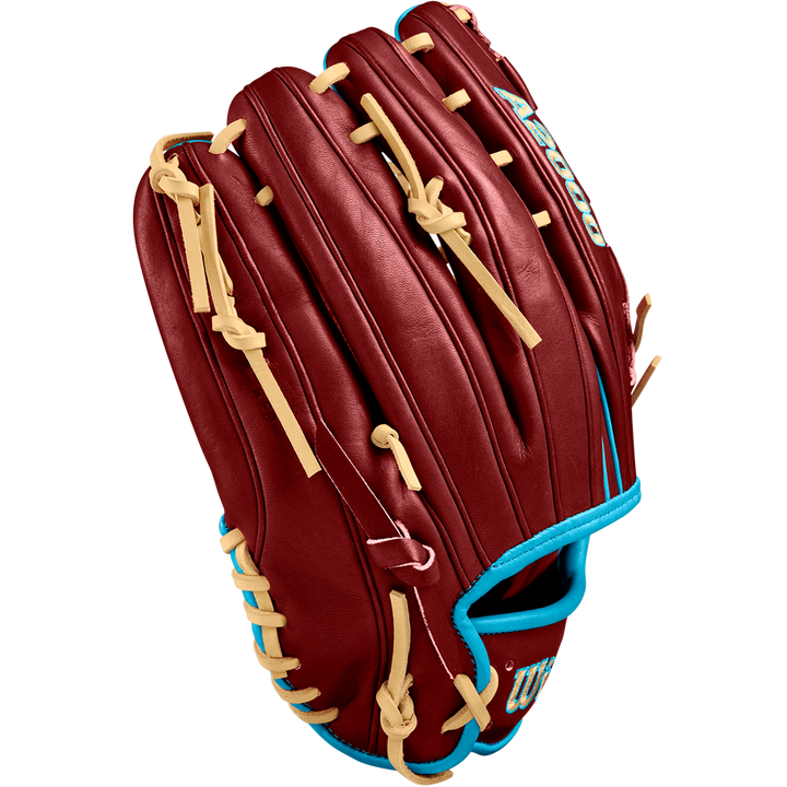The Wilson A2000 D33 11.75" Baseball Glove - Winter 2024 (WBW1025251175) features a maroon design with tan laces, light blue trim, and premium Pro Stock leather, shown against a plain white background.
