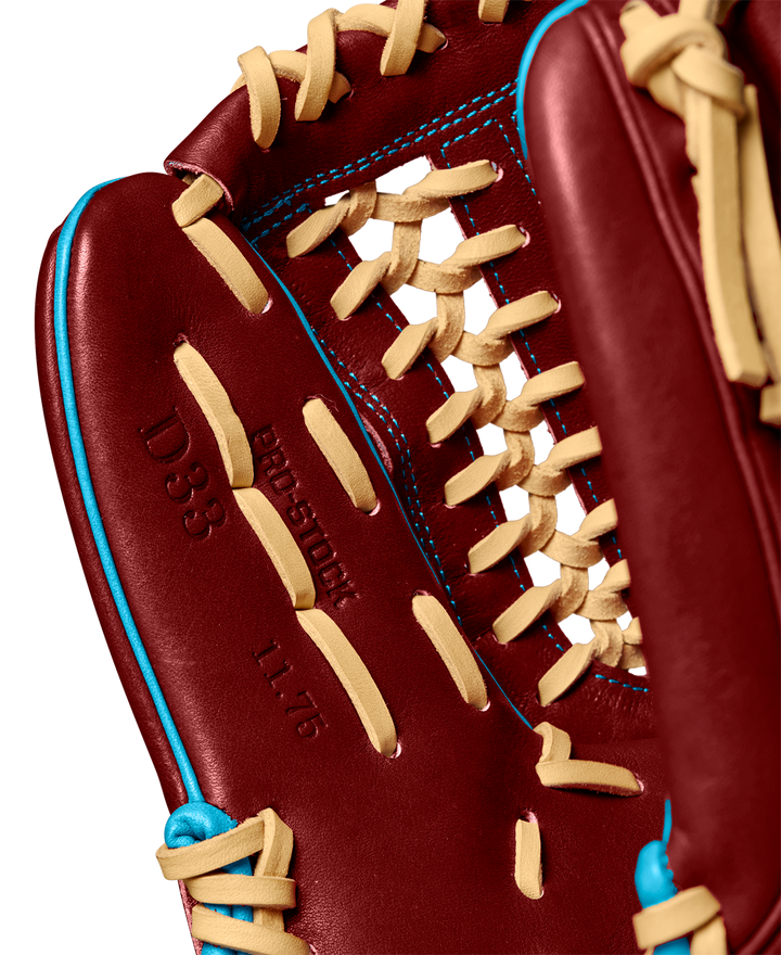 A close-up of the Wilson A2000 D33 11.75" Baseball Glove (Winter 2024: WBW1025251175), crafted from premium Pro Stock leather, highlights its quality and detailed design.
