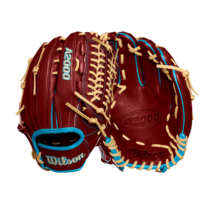 Two Wilson A2000 D33 11.75" Baseball Gloves (Winter 2024, WBW1025251175) by Wilson are shown front and back in reddish-brown Pro Stock leather with tan laces and blue accents, displayed against a plain white background.