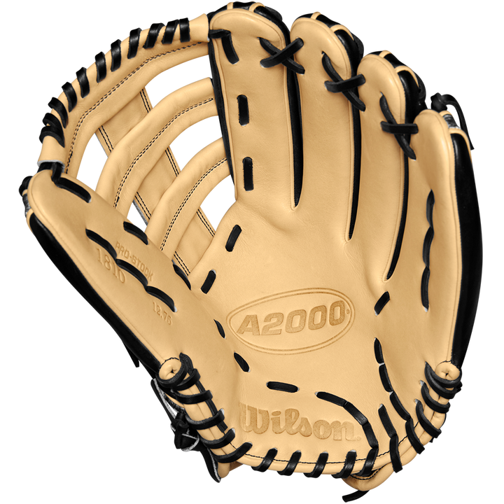 The Wilson A2000 1810 12.75" Baseball Glove (WBW1025271275) features tan Pro Stock leather with black lacing, a webbed pocket, visible stitching, and embossed Wilson and A2000 logos on the palm. Winter 2024 edition.