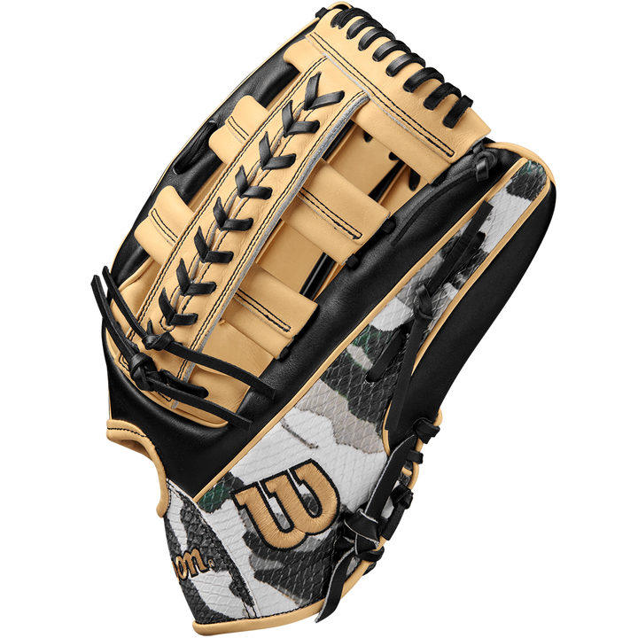 The Wilson A2000 1810 12.75" Baseball Glove (Winter 2024) features tan, black, and camo Pro Stock leather, black laces, a gold Wilson W logo, H-web design, and detailed stitching.