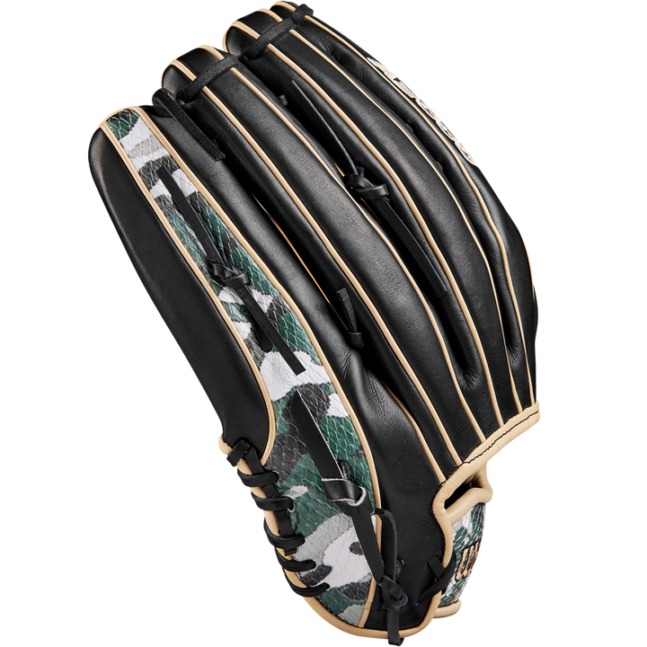 The Wilson A2000 1810 12.75" Baseball Glove features black Pro Stock leather, tan laces, and a green, white, and black camo pattern on the thumb and pinky. Model: WBW1025271275.