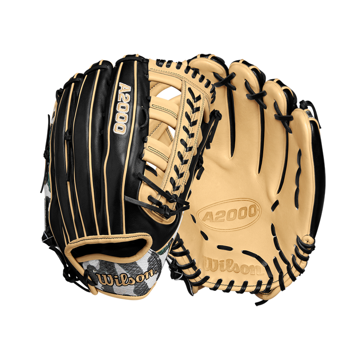 The Wilson A2000 1810 12.75" Baseball Glove (Winter 2024) is shown in tan and black, displaying both palm and back views with visible laces, Wilson branding, and premium Pro Stock leather construction.