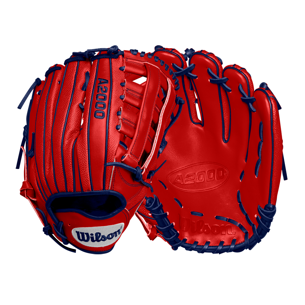 A red and blue Wilson A2000 MY7 12.5" Masataka Yoshida GM Baseball Glove (WBW102529125), inspired by the iconic outfield glove.