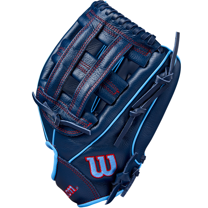 The Wilson A500 12" Baseball Glove (WBW10254212) is a dark blue youth glove with red stitching, light blue accents, and a woven web. It features the Wilson W logo embroidered on the thumb.