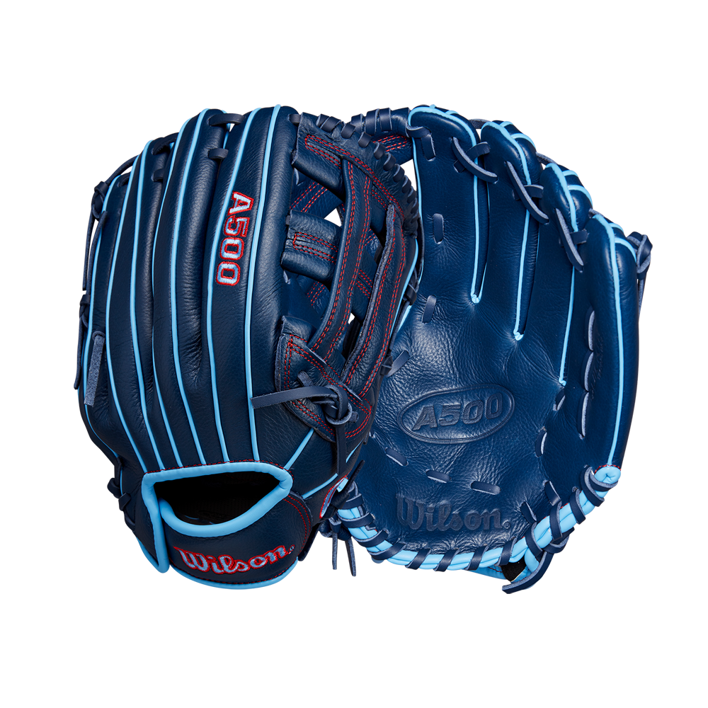 Two Wilson A500 12" Baseball Gloves (model WBW10254212) in navy blue with light blue laces and red stitching, shown front and back against a plain white background. Brand: Wilson.
