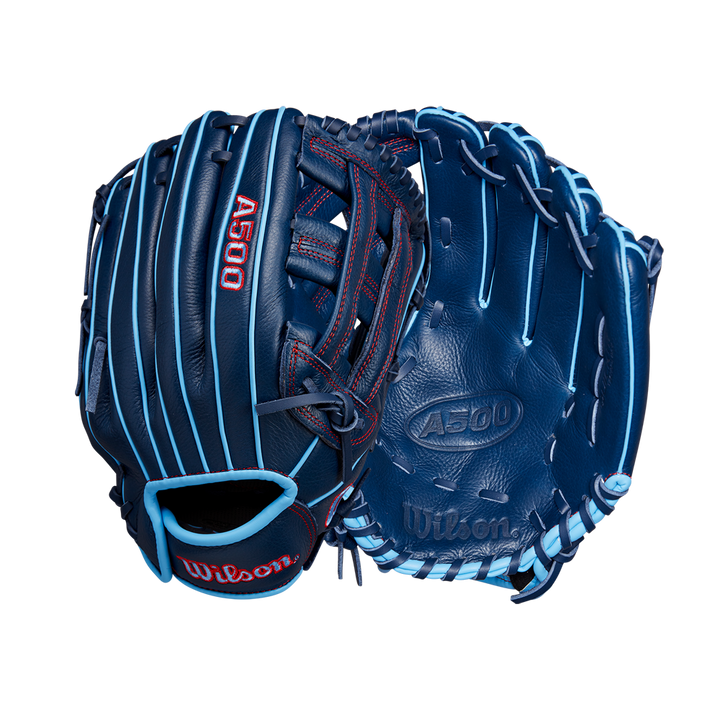 Two Wilson A500 12" Baseball Gloves (model WBW10254212) in navy blue with light blue laces and red stitching, shown front and back against a plain white background. Brand: Wilson.