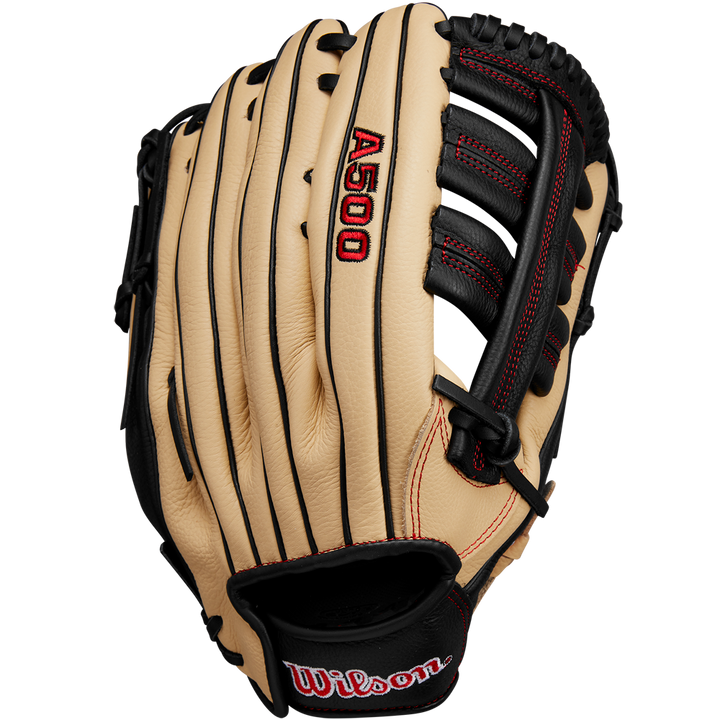 The Wilson A500 12.5" Baseball Glove (WBW102544125) features a tan and black design with red stitching, the Wilson logo on the wrist strap, and is shown against a plain white background.