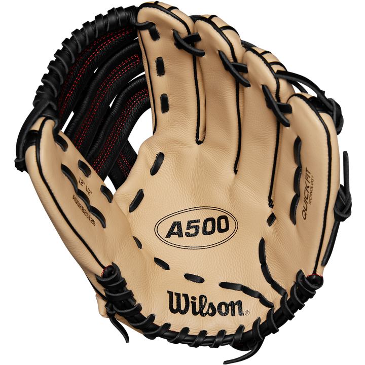 The Wilson A500 12.5" Baseball Glove (WBW102544125) by Wilson features a tan design with black laces and red stitching, visible brand logos, and a deep pocket—ideal for youth outfielders catching balls.