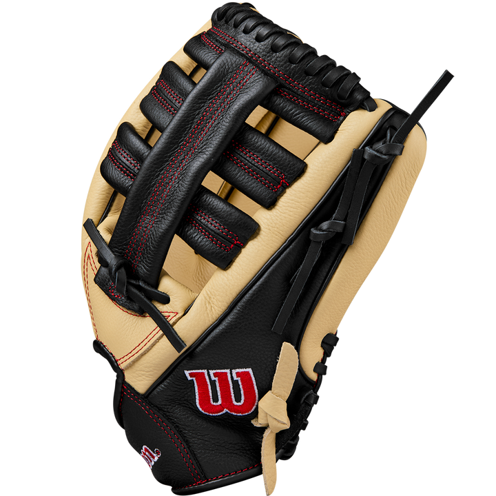The Wilson A500 12.5" Baseball Glove (WBW102544125) features black and tan leather, red stitching, a black laced web, and the signature red W logo—perfect for youth outfield players.