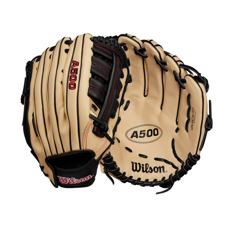 A pair of Wilson A500 12.5" Baseball Gloves (WBW102544125) in tan with black lacing and red accents, shown on a white background.